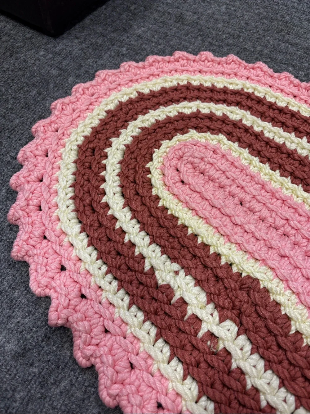 Hand Crafted Heart Crochet Door Mat in Pink, Brown, Cream